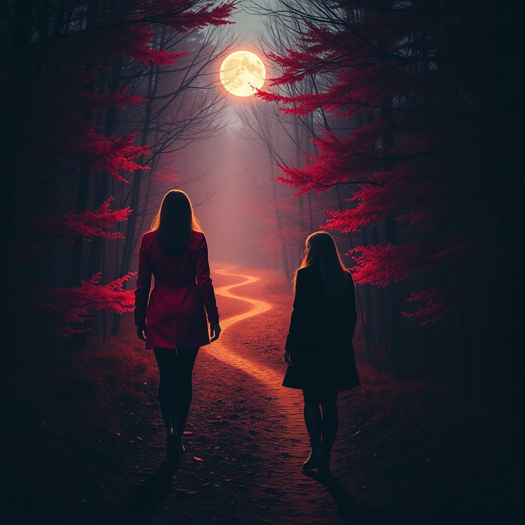 Two women in a forest, one wearing a vibrant red jacket walking towards a bright full moon located at the end of a winding path