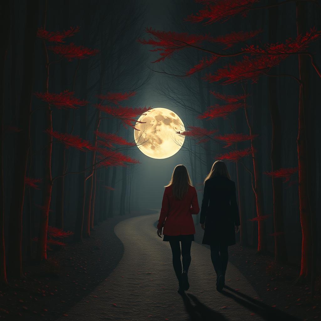 Two women in a forest during nighttime, one wearing a vibrant red jacket walking towards a large, glowing full moon at the end of a winding path, while the other woman follows closely behind, resembling a mysterious shadow