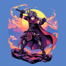 A stylish anime-themed t-shirt design featuring a dynamic character in a heroic pose, wearing a flowing cape and wielding a magical sword, with intricate details in the character's outfit including armor elements and glowing runes