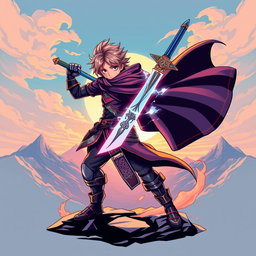 A stylish anime-themed t-shirt design featuring a dynamic character in a heroic pose, wearing a flowing cape and wielding a magical sword, with intricate details in the character's outfit including armor elements and glowing runes