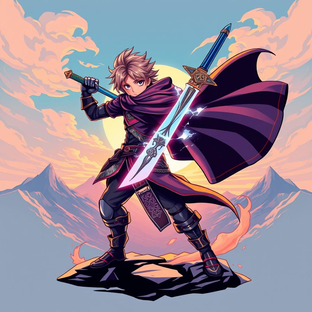 A stylish anime-themed t-shirt design featuring a dynamic character in a heroic pose, wearing a flowing cape and wielding a magical sword, with intricate details in the character's outfit including armor elements and glowing runes