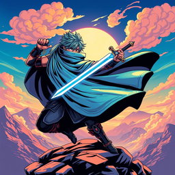 A stylish anime-themed t-shirt design featuring a dynamic character in a heroic pose, wearing a flowing cape and wielding a magical sword, with intricate details in the character's outfit including armor elements and glowing runes