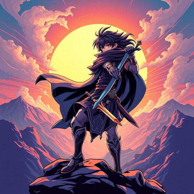 A stylish anime-themed t-shirt design featuring a dynamic character in a heroic pose, wearing a flowing cape and wielding a magical sword, with intricate details in the character's outfit including armor elements and glowing runes
