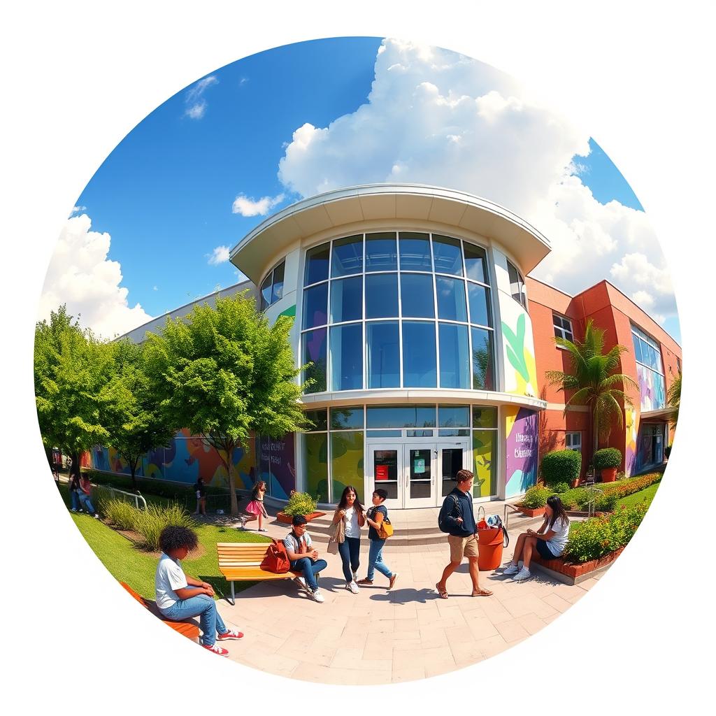 A round-shaped image depicting a stylish and modern school environment