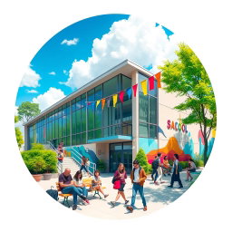 A round-shaped image depicting a stylish and modern school environment