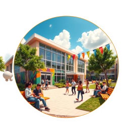 A round-shaped image depicting a stylish and modern school environment