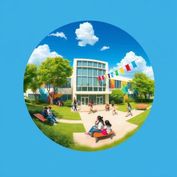 A round-shaped image depicting a stylish and modern school environment