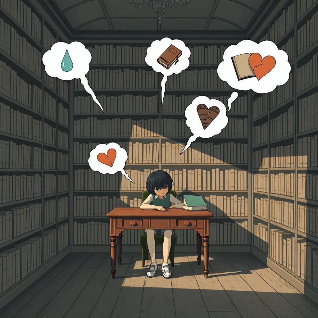 A whimsical, surreal illustration depicting a quiet library with shelves filled with ancient books
