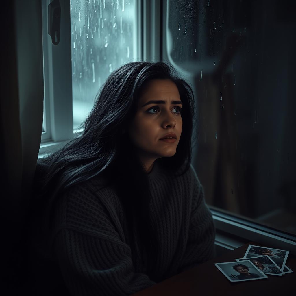 A melancholic scene featuring a sad woman with tears streaming down her cheeks
