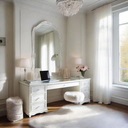 A cozy room furnished with a sizable laptop desk and chair, accented by a full-length standing mirror. The room features a plush fur rug and windows dressed with delicate white net curtains.