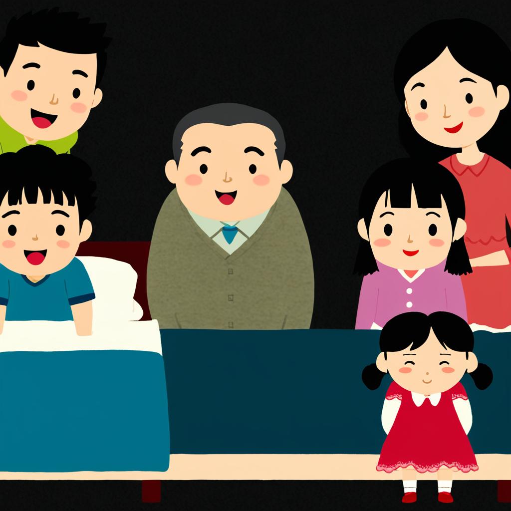 create an image similar to the style of the attached drawing where the small girl is waking up from her bed in the morning