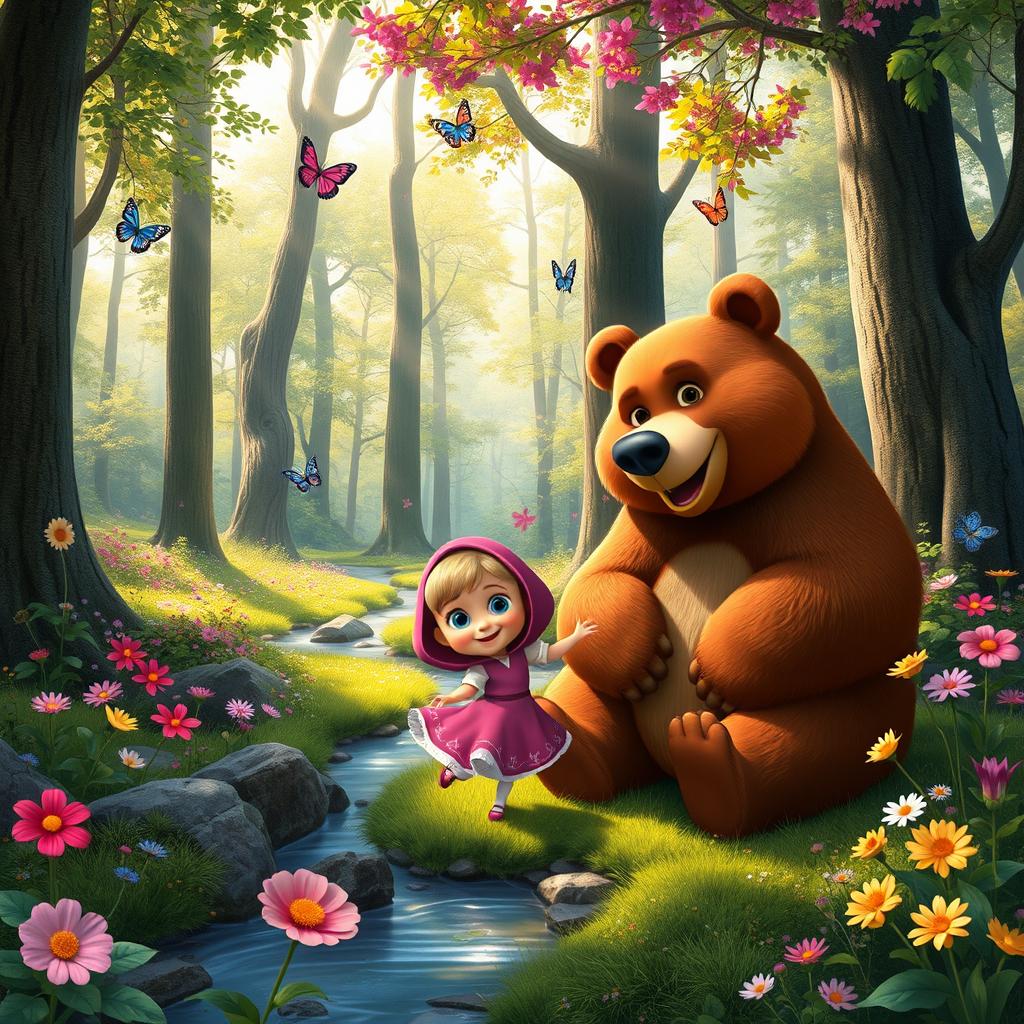 A charming scene featuring Masha and the Bear in a beautiful, vibrant forest