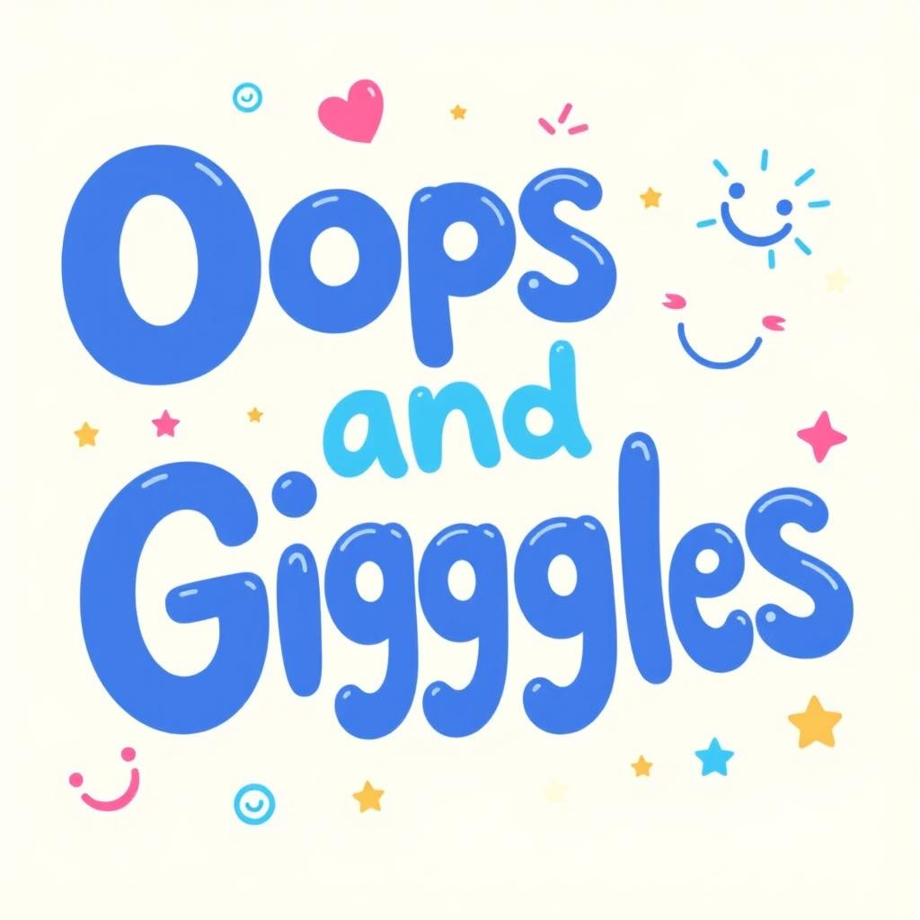 A whimsical and playful design featuring the phrase 'Oops and Giggles' rendered in a vibrant blue font