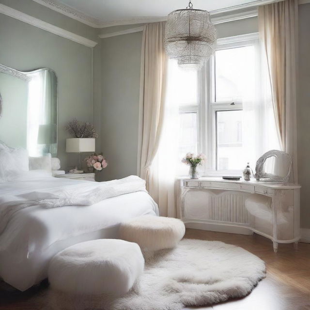 A cozy room furnished with a sizable laptop desk and chair, accented by a full-length standing mirror. The room features a plush fur rug and windows dressed with delicate white net curtains.