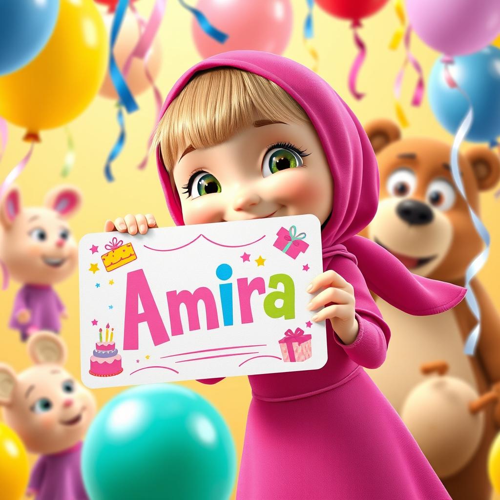 Masha from Masha and the Bear, playfully holding a colorful birthday invitation card for a one-year-old girl named Amira, surrounded by festive decorations like balloons and streamers