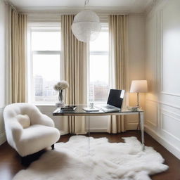 A cozy room furnished with a sizable laptop desk and chair, accented by a full-length standing mirror. The room features a plush fur rug and windows dressed with delicate white net curtains.