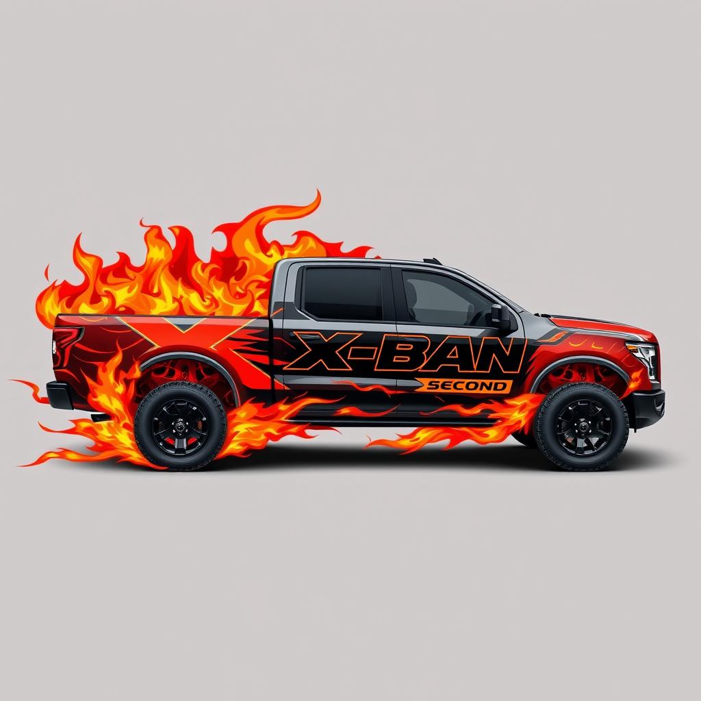 Design for a pickup truck featuring the bold letters "X-BAN Second" prominently displayed on the side in a striking font