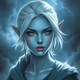 A mesmerizing DnD character art depiction of Maeve, a striking figure characterized by her luminous light blue skin and elegantly pointed elven ears