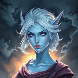 A mesmerizing DnD character art depiction of Maeve, a striking figure characterized by her luminous light blue skin and elegantly pointed elven ears