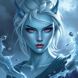 A mesmerizing DnD character art depiction of Maeve, a striking figure characterized by her luminous light blue skin and elegantly pointed elven ears