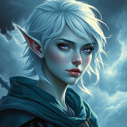 A mesmerizing DnD character art depiction of Maeve, a striking figure characterized by her luminous light blue skin and elegantly pointed elven ears