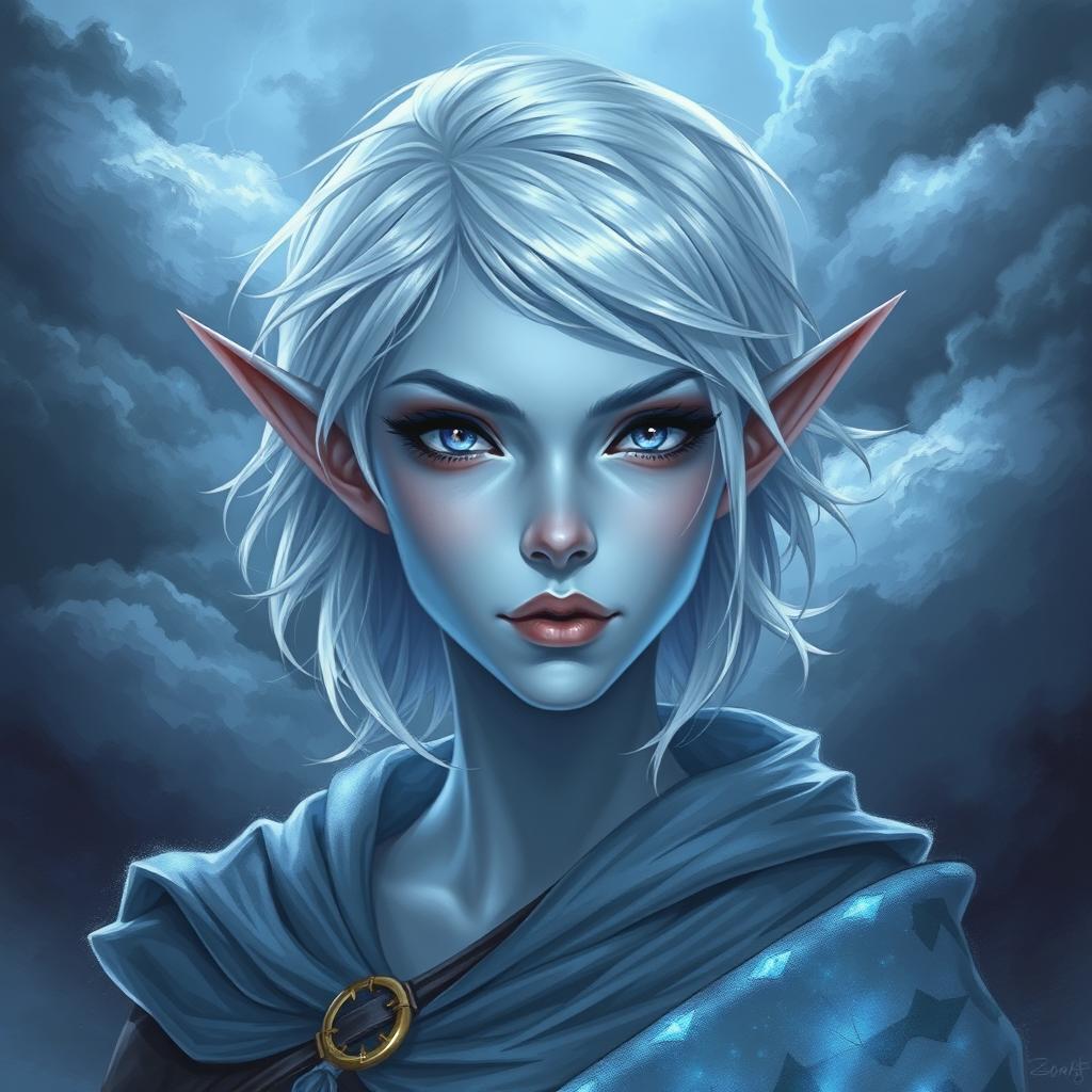 An enchanting DnD character art illustration of Maeve, a striking character with ethereal light blue skin and elegantly pointed elven ears