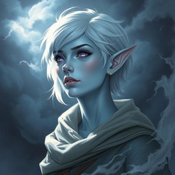 An enchanting DnD character art illustration of Maeve, a striking character with ethereal light blue skin and elegantly pointed elven ears