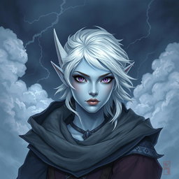 An enchanting DnD character art illustration of Maeve, a striking character with ethereal light blue skin and elegantly pointed elven ears