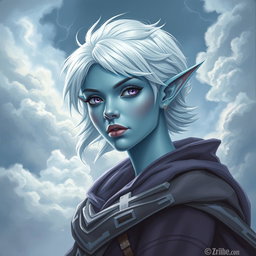 An enchanting DnD character art illustration of Maeve, a striking character with ethereal light blue skin and elegantly pointed elven ears