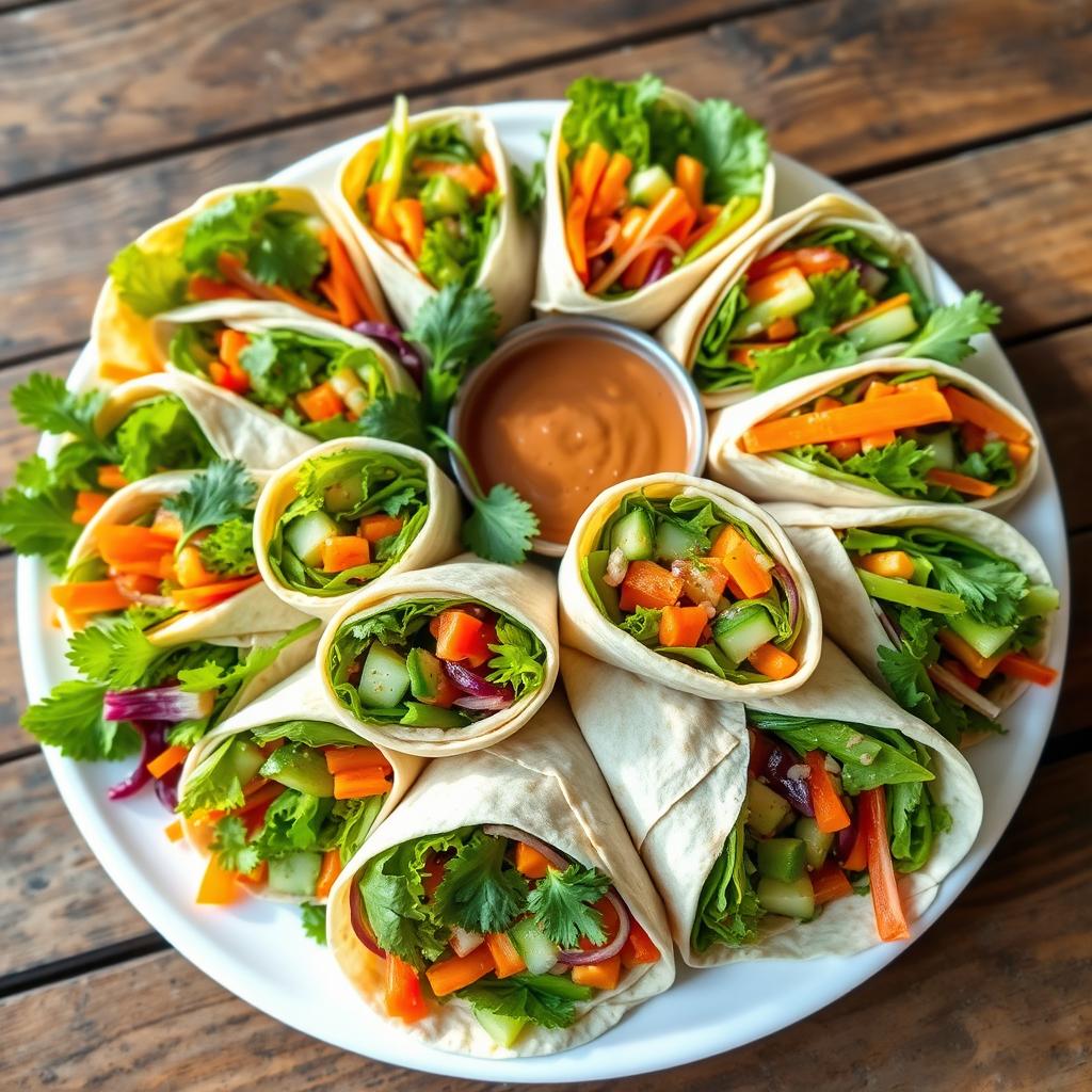 A beautifully arranged platter of colorful salad wraps, featuring vibrant greens, fresh vegetables like bell peppers, cucumbers, and carrots, all wrapped in soft flatbreads