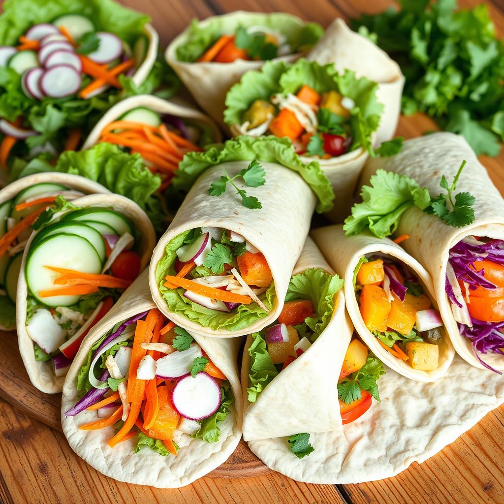 A vibrant display of salad wraps featuring julienne sliced cucumbers, carrots, radishes, potatoes, crisp lettuce, and colorful cabbages, all artistically wrapped in soft flatbreads