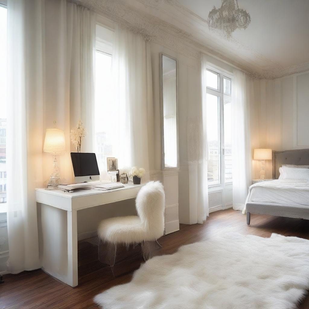 A cozy room furnished with a sizable laptop desk and chair, accented by a full-length standing mirror. The room features a plush fur rug and windows dressed with delicate white net curtains.