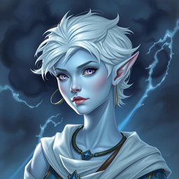 An exquisite DnD character art illustration of Maeve, depicted as a striking figure with captivating light blue skin and elegantly pointed elven ears