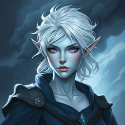 An exquisite DnD character art illustration of Maeve, depicted as a striking figure with captivating light blue skin and elegantly pointed elven ears