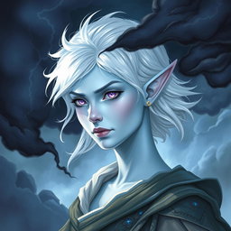 An exquisite DnD character art illustration of Maeve, depicted as a striking figure with captivating light blue skin and elegantly pointed elven ears