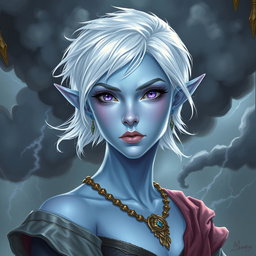 An exquisite DnD character art illustration of Maeve, depicted as a striking figure with captivating light blue skin and elegantly pointed elven ears