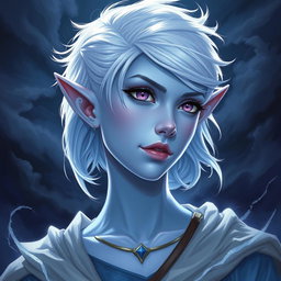 A captivating DnD character art illustration of Maeve, a striking figure with radiant light blue skin and elegantly pointed elven ears