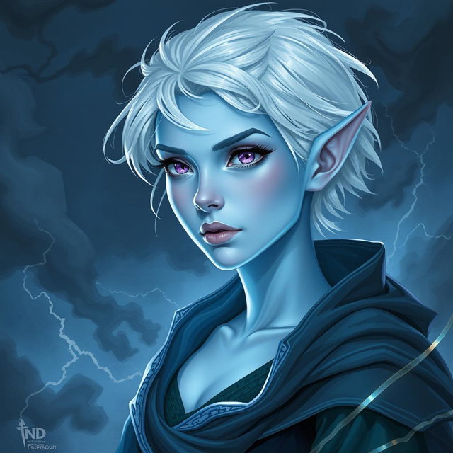 A captivating DnD character art illustration of Maeve, a striking figure with radiant light blue skin and elegantly pointed elven ears