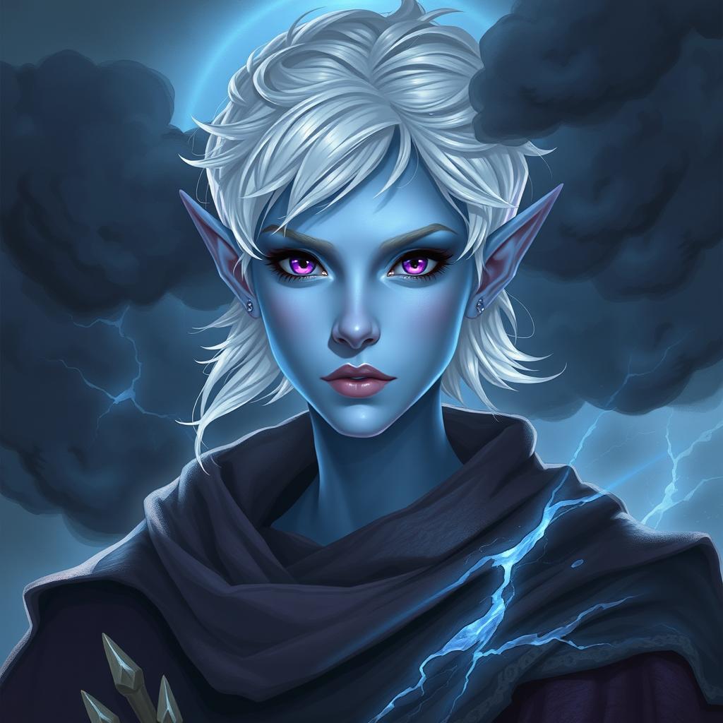 A captivating DnD character art illustration of Maeve, a striking figure with radiant light blue skin and elegantly pointed elven ears
