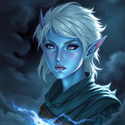 A captivating DnD character art illustration of Maeve, a striking figure with radiant light blue skin and elegantly pointed elven ears
