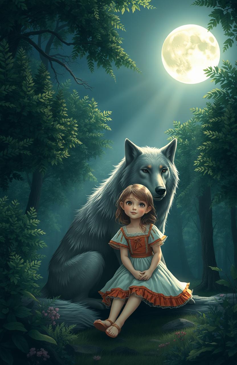 A serene scene in a mystical forest at night, featuring a small girl with a curious expression sitting beside a large, majestic wolf