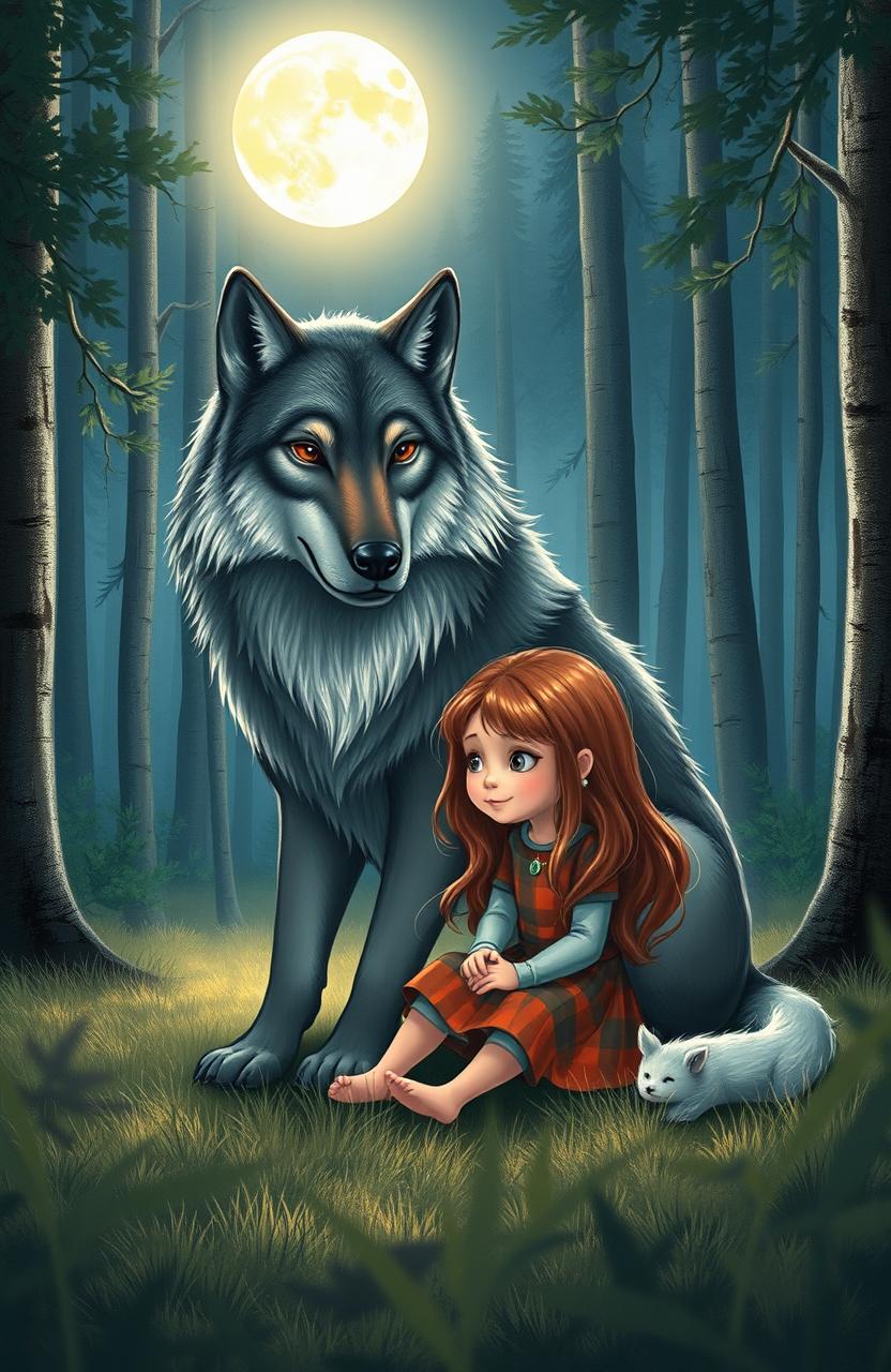 A small girl sitting peacefully beside a large, majestic wolf in a serene forest setting under a full moon illuminating the scene