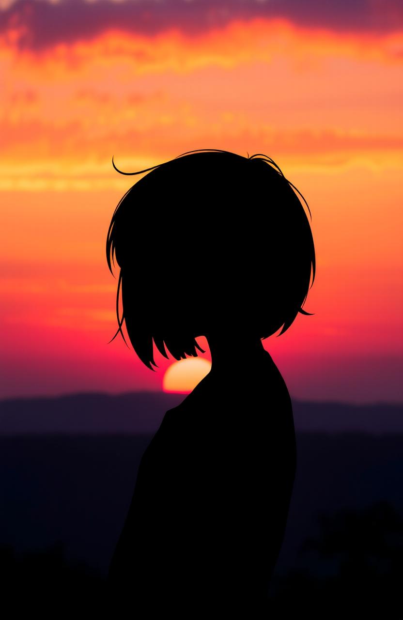 A silhouette of a tomboy girl who appears sad, set against a breathtaking sunset background