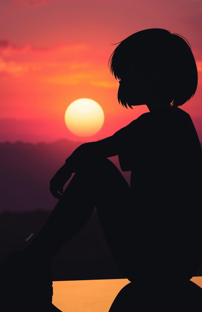 A silhouette of a tomboy girl sitting down with a sad expression against a beautiful sunset background