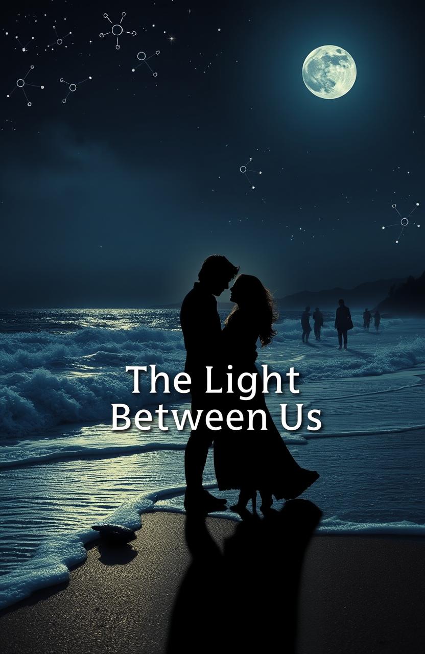 A serene shore at night illuminated by a bright moon and twinkling stars in a clear sky