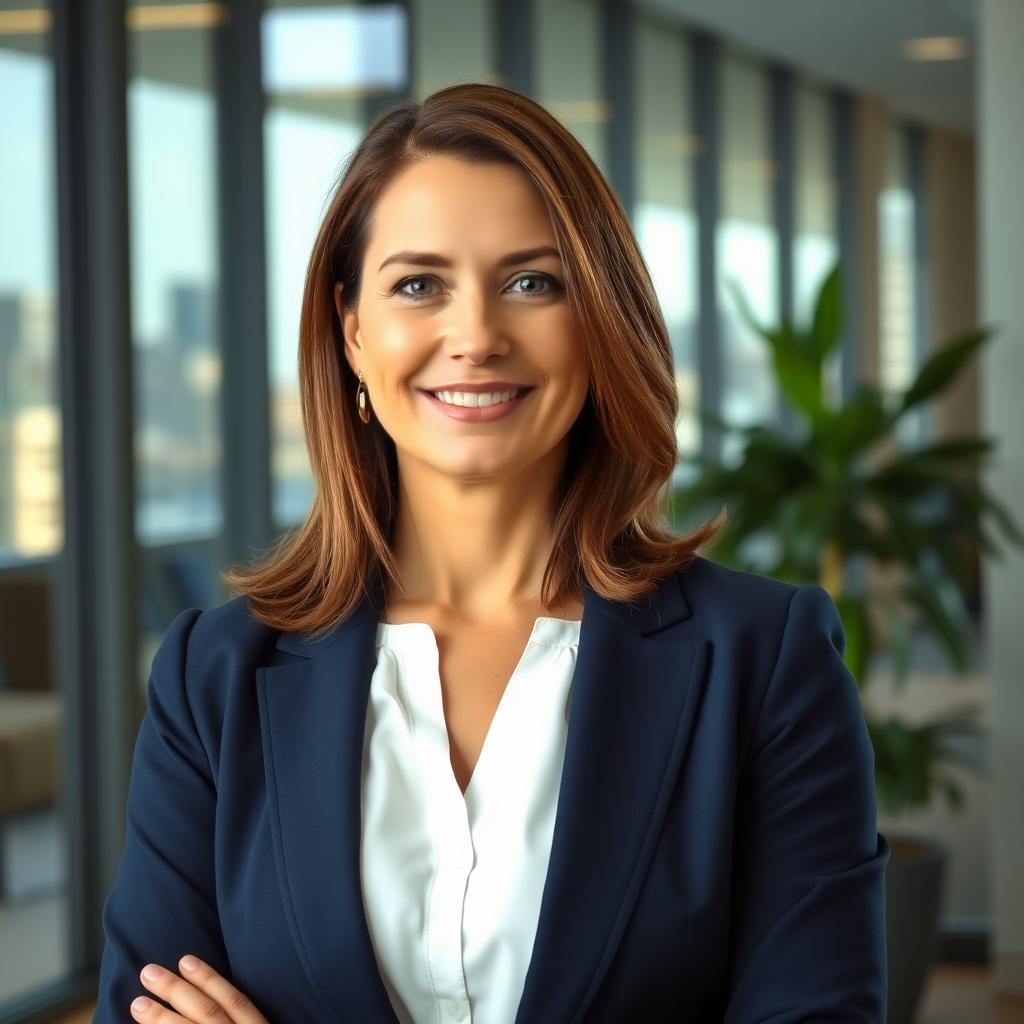 A professional portrait of a confident businesswoman standing in an office setting