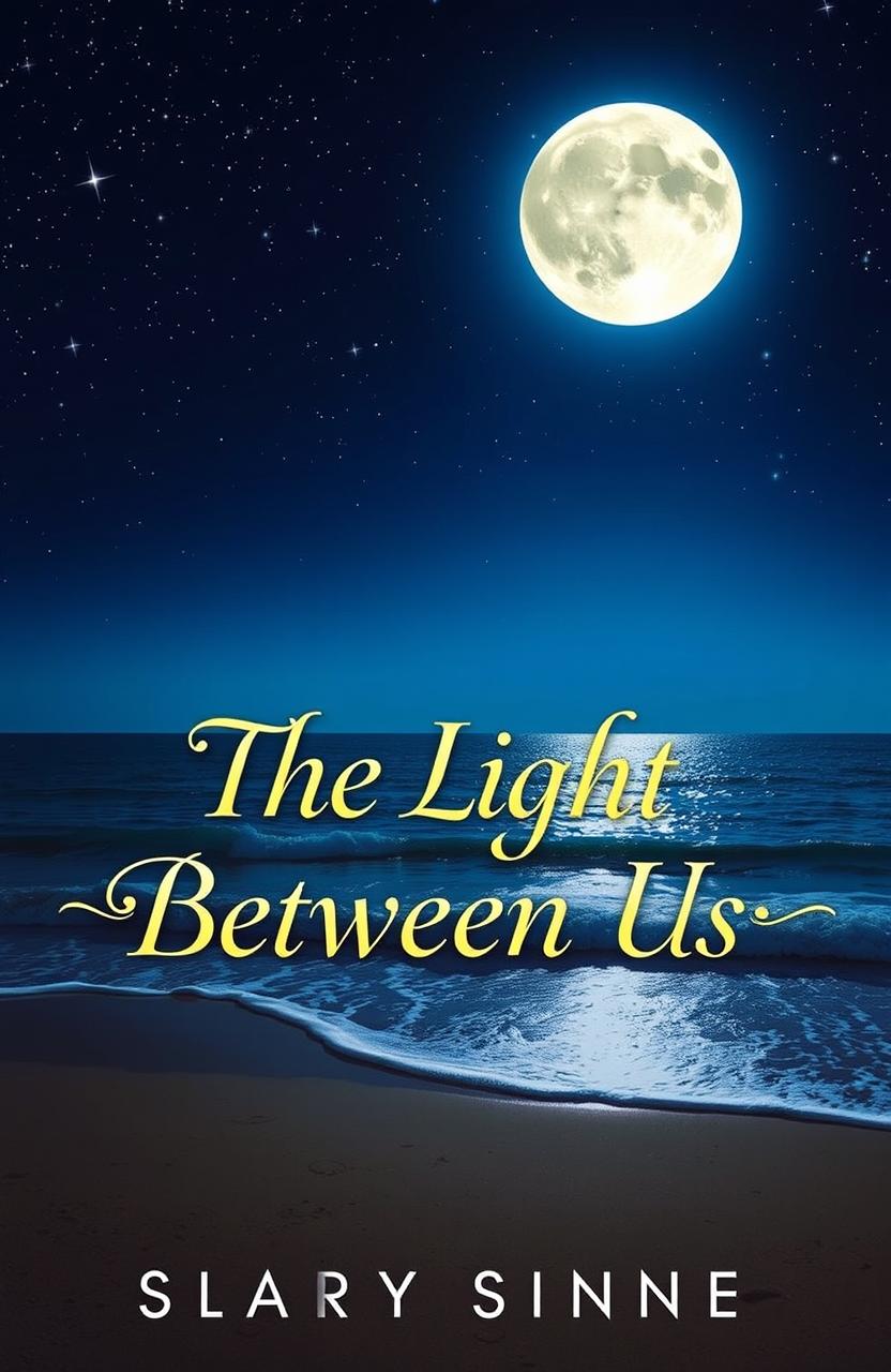 A serene nighttime shore scene illuminated by a glowing full moon and twinkling stars in a clear sky, invoking a sense of tranquility and wonder