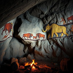 A breathtaking scene showcasing prehistoric stone age art, featuring ancient cave paintings on rugged, textured rock walls