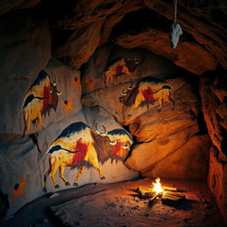 A breathtaking scene showcasing prehistoric stone age art, featuring ancient cave paintings on rugged, textured rock walls
