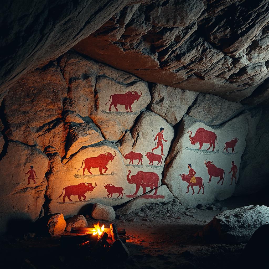 A breathtaking scene showcasing prehistoric stone age art, featuring ancient cave paintings on rugged, textured rock walls